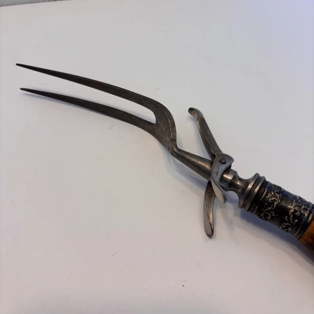 Antique Vintage Antler Handle Handle Carving Set w/ Silver Plated Ferrules Rare - Picture 7 of 14